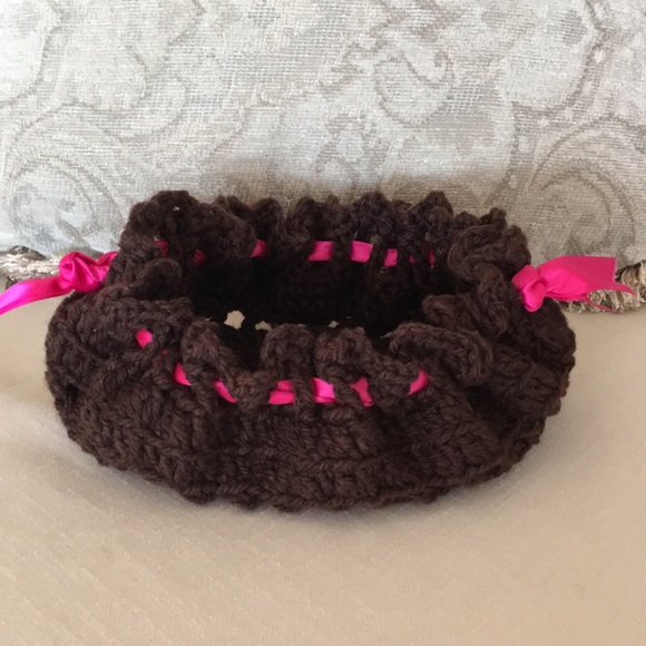 HAND CRAFTED Drawstring Wristlet Baguette Vintage Crochet Brown Pink - Picture 4 of 9